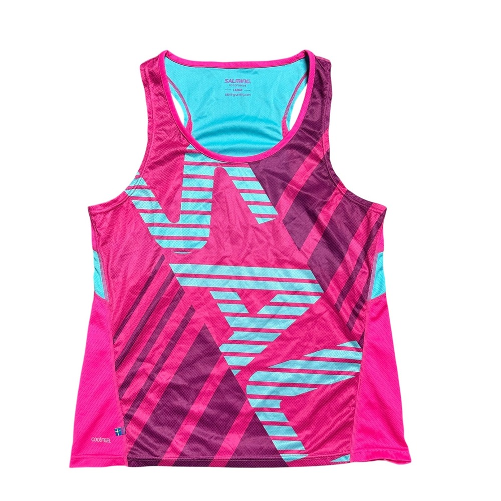 Salming Running Tank Top‎ Womens Large Pink Graphic Racerback Mesh Athletic